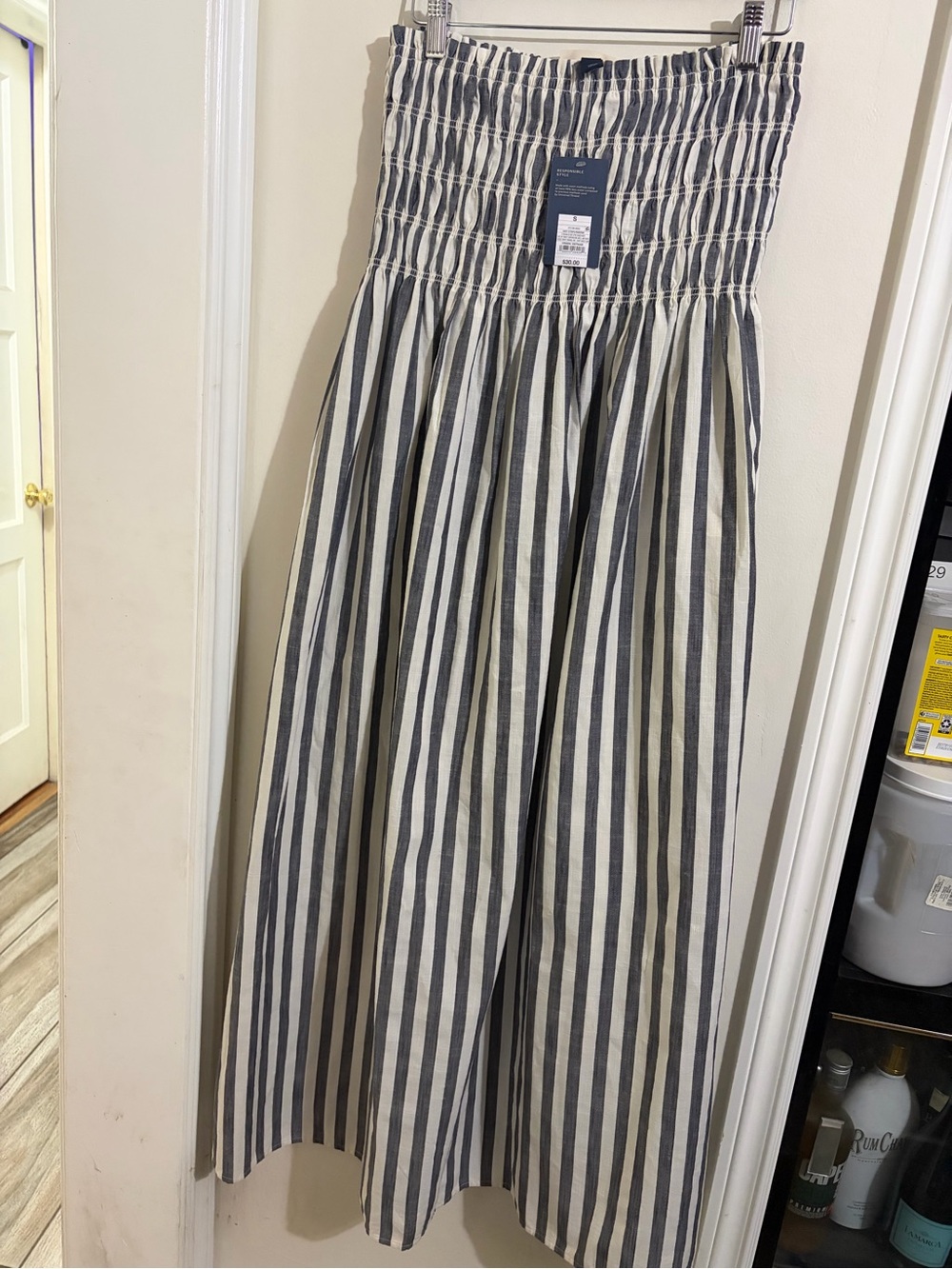 Universal Thread Grey and White Smocked Striped Strapless Dress